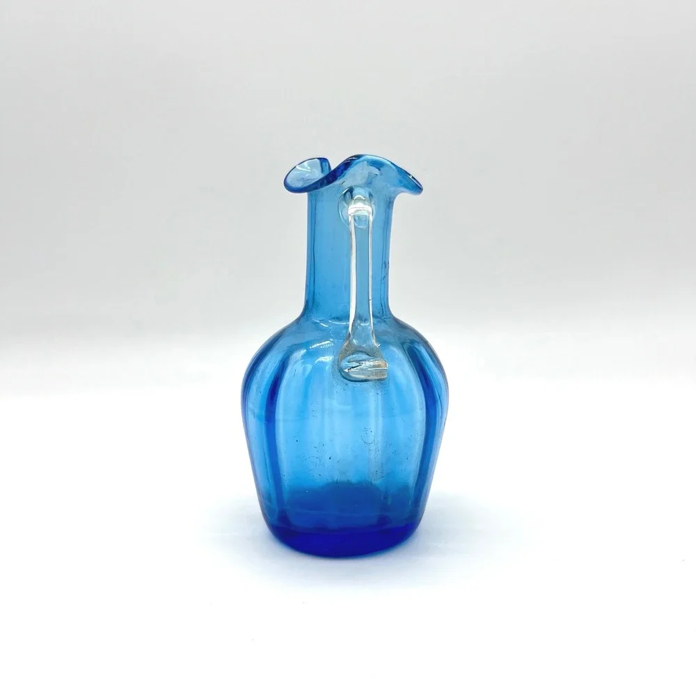 Vintage Blue Mini Blown Glass‎ Pitcher Small Art Glass Bud Vase Ruffled Spout